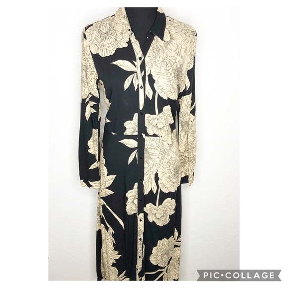 Reserved black tan floral button front midi shirt dress size EUR 40 or US 10 - Picture 1 of 15